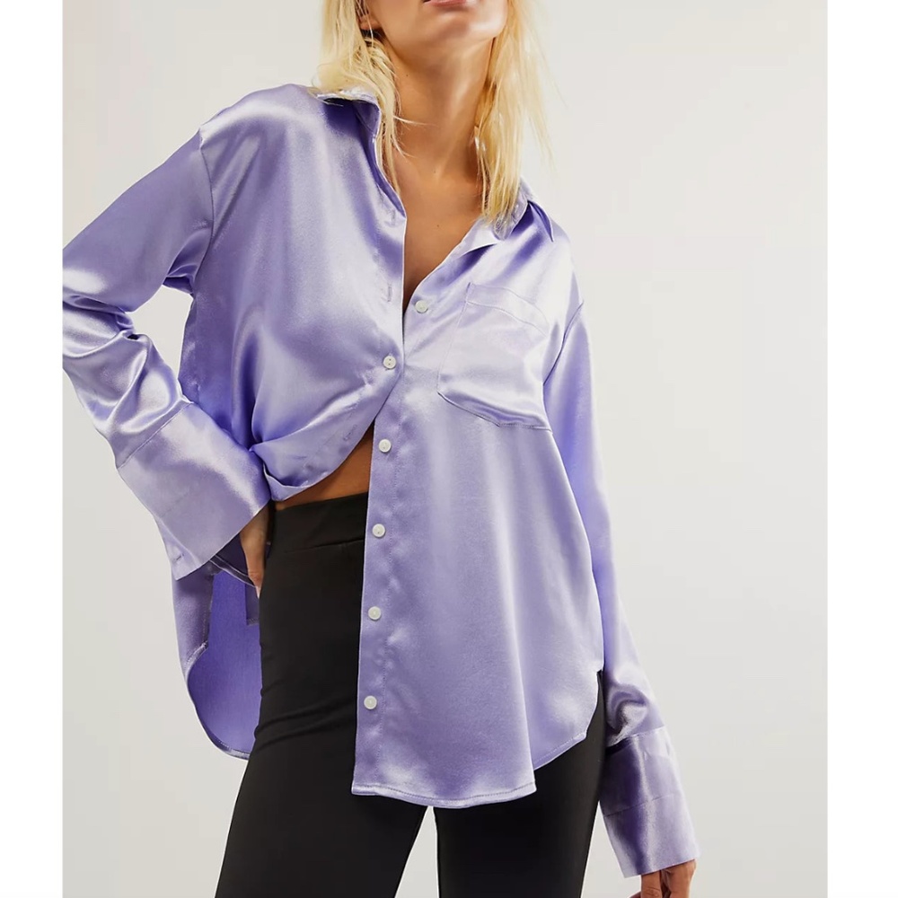 FREE PEOPLE - Shooting For The Moon Purple Satin Collared Long Button-Down - XL